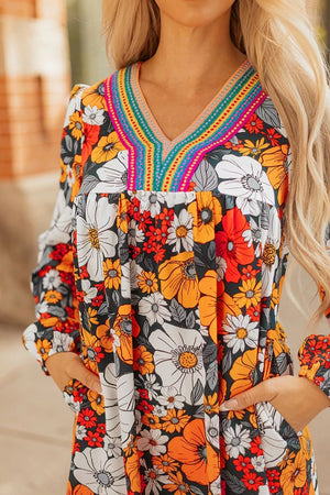 Boho Floral Print V-neck Mini Dress With Pockets in Multicolor, alternate angle