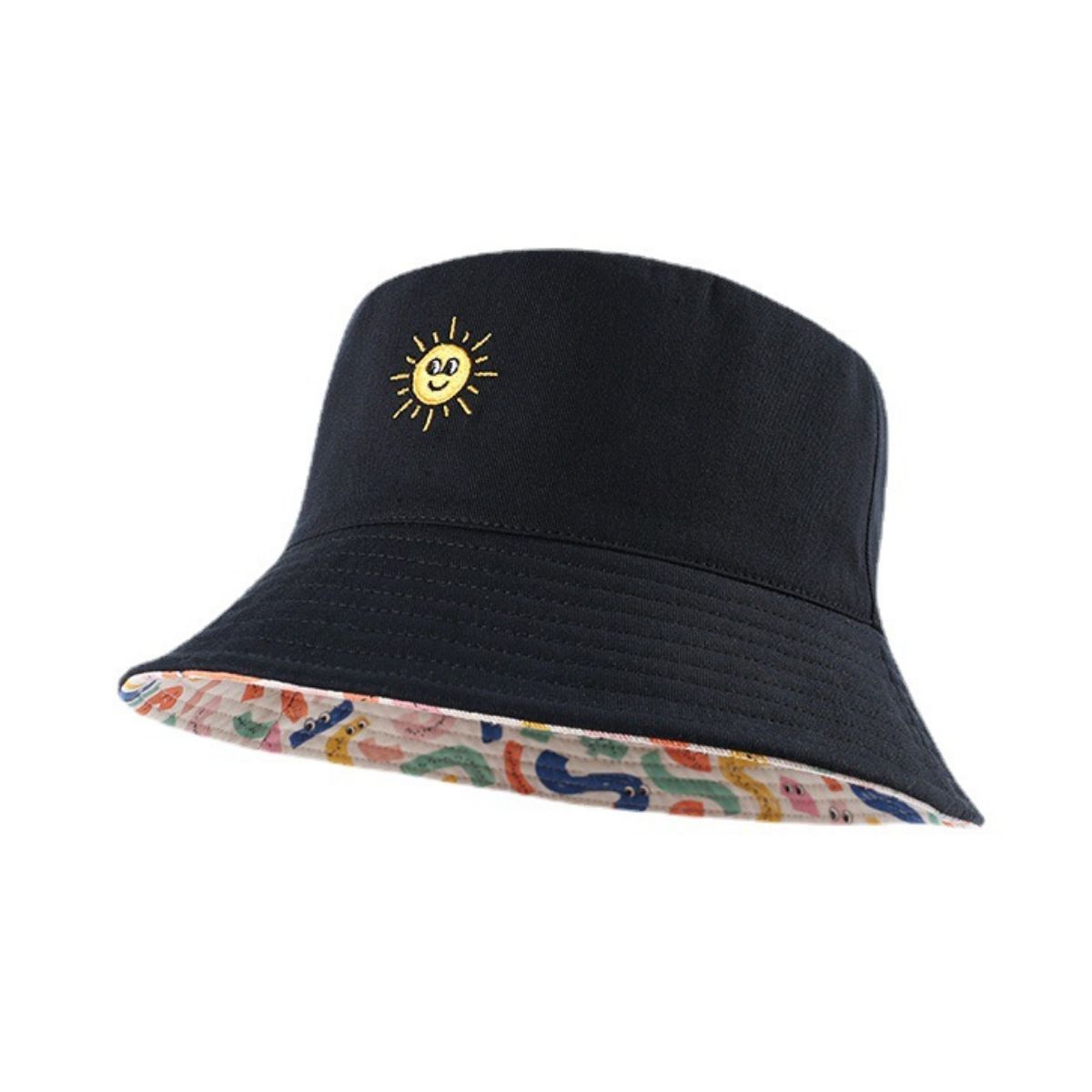 Black cotton bucket hat with embroidered sun and abstract patterned lining