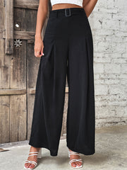 Black belted palazzo trousers with a drape-front and wide leg.