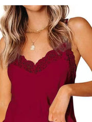 Wine red cami with lace trim neckline and straps.
