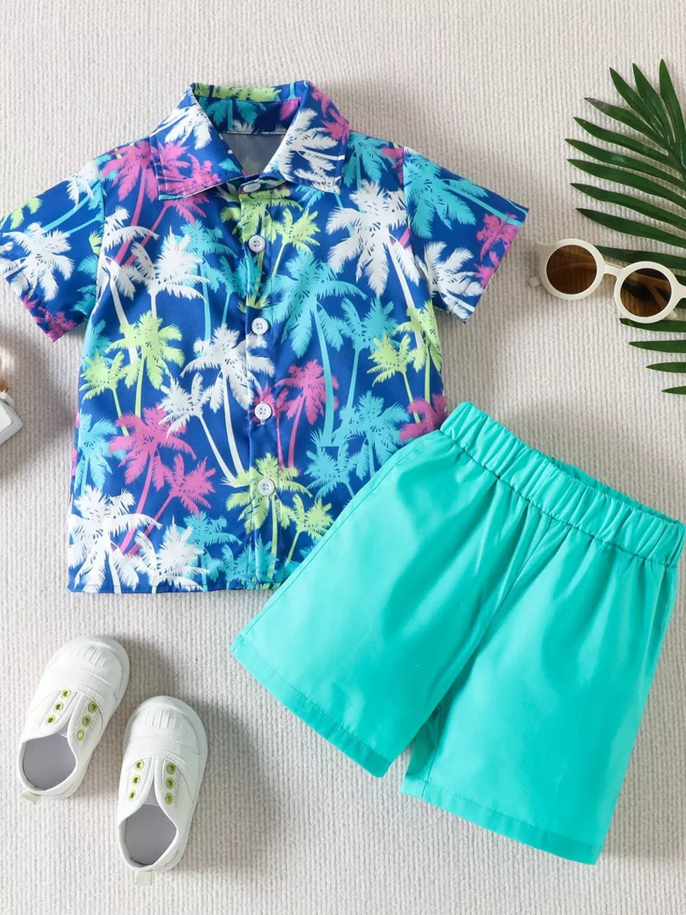 Baby boys tropical palm tree print shirt and shorts set in multicolor and tangerine.