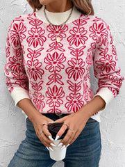 Intarsia floral crewneck knit sweater in scarlet and white acrylic with ribbed cuffs and neckline.