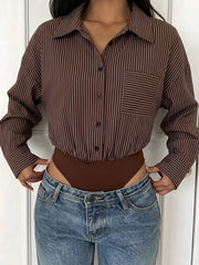 Striped Button-up Bodysuit in Brown, close-up detail