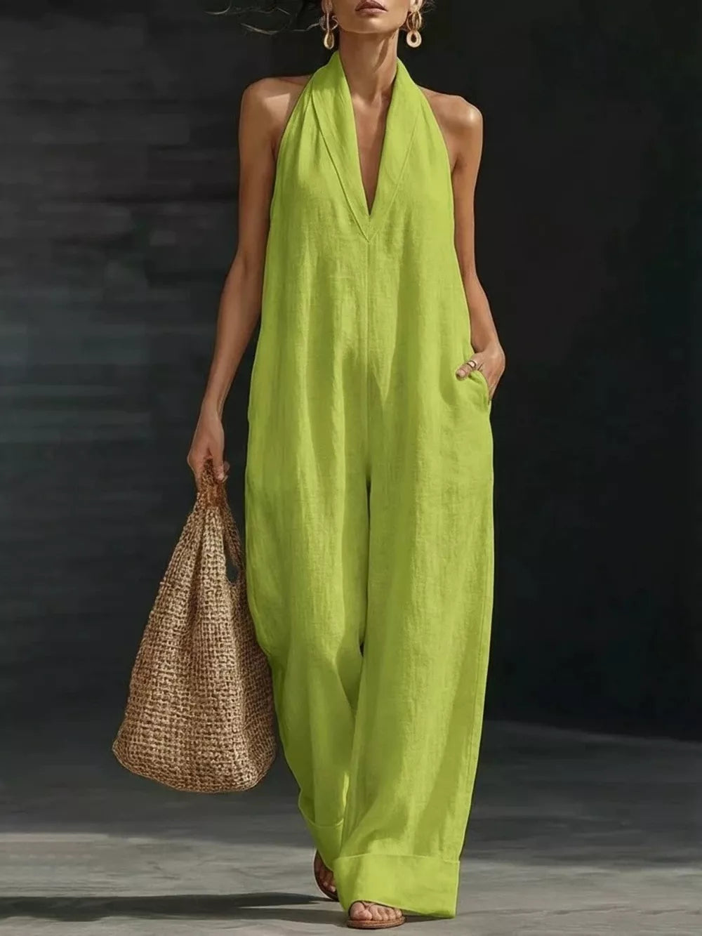 Grass green halter neck wide-leg jumpsuit with deep V-neck and pockets.