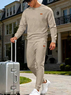 Men's Casual Textured Top And Pants Set in Navy Blue, back view