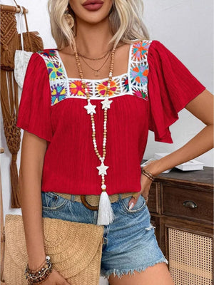 Red embroidered square neck blouse with flutter sleeves and crochet detail
