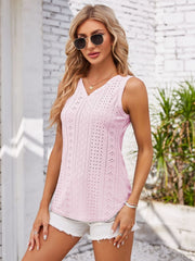 Blush pink eyelet button-down sleeveless V-neck top with white shorts