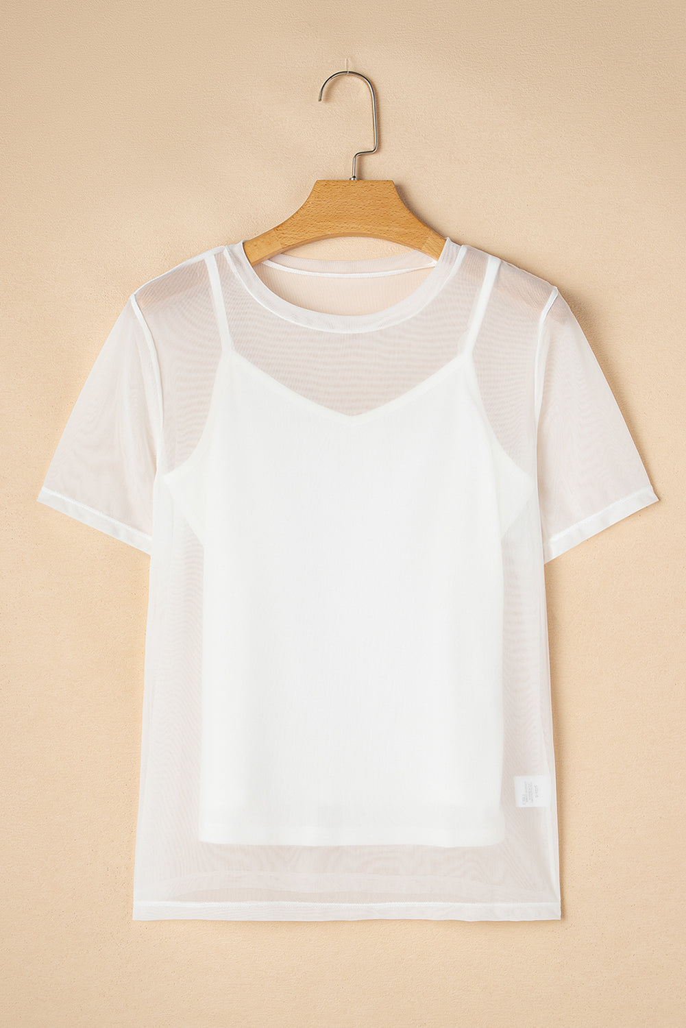 White sheer overlay tee with short sleeves over a white cami.
