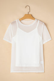 White sheer overlay tee with short sleeves over a white cami.