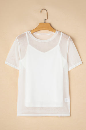 White sheer overlay tee with short sleeves over a white cami.