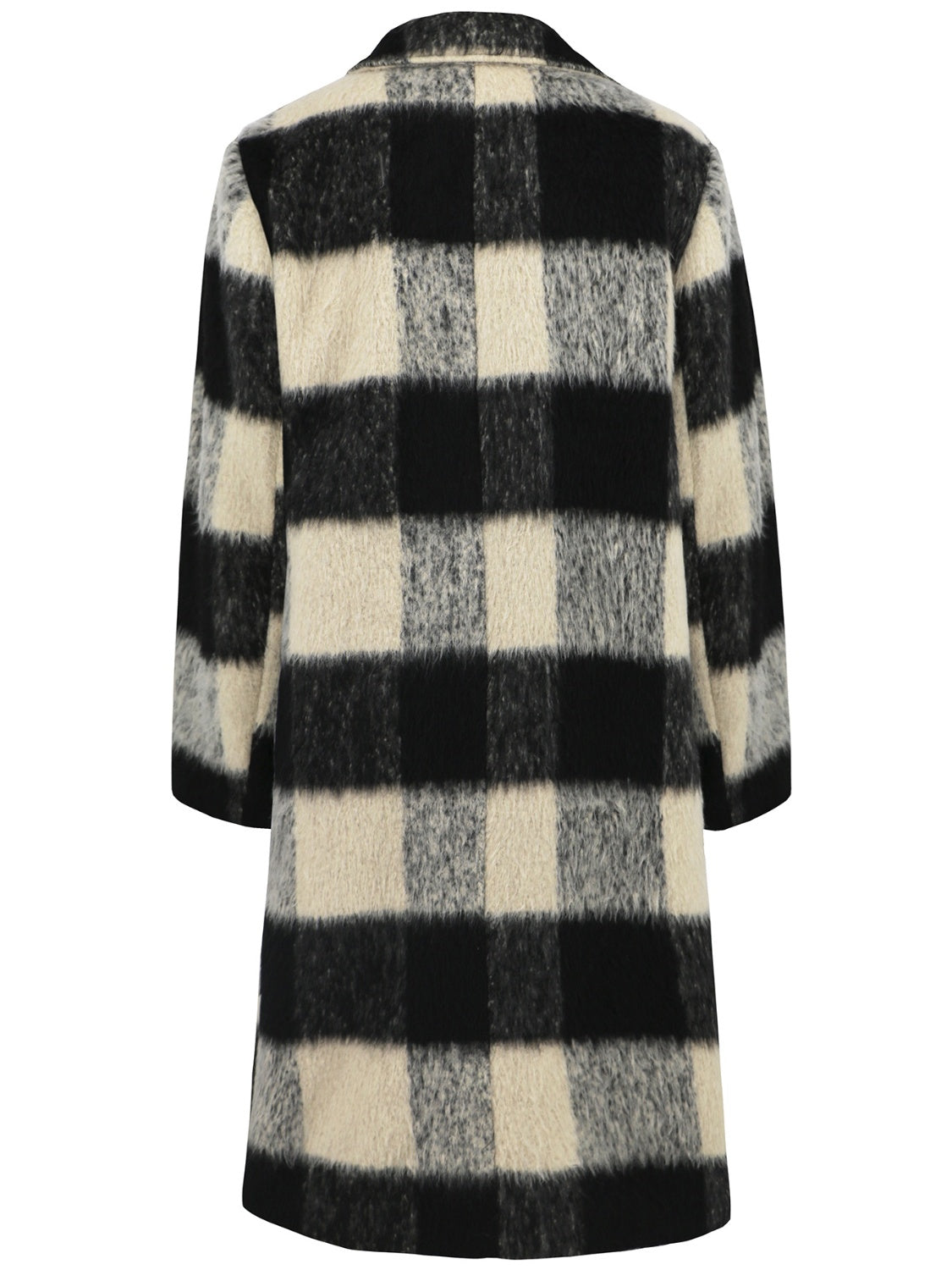 Checked plaid cocoon coat in black and cream with a fuzzy texture.