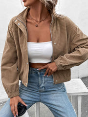 Khaki waffle knit bomber jacket with collar and zipper detail