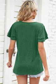 Dark green Henley tee with flutter sleeves and a scoop neckline.
