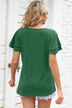 Dark green Henley tee with flutter sleeves and a scoop neckline.
