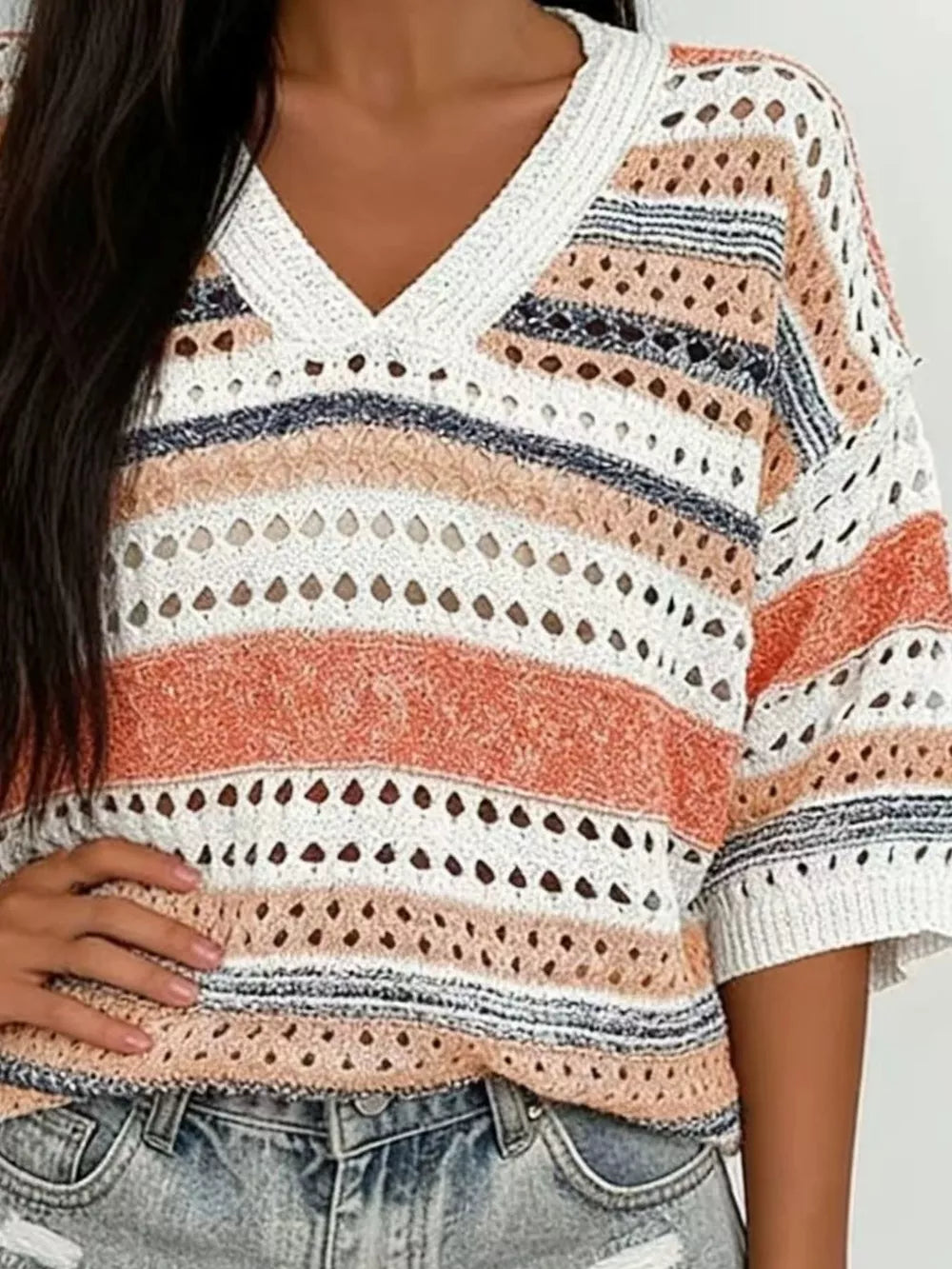 V-neck Ribbed Sweater in Green Stripes, product detail