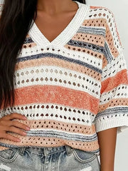 V-neck Ribbed Sweater in Green Stripes, product detail