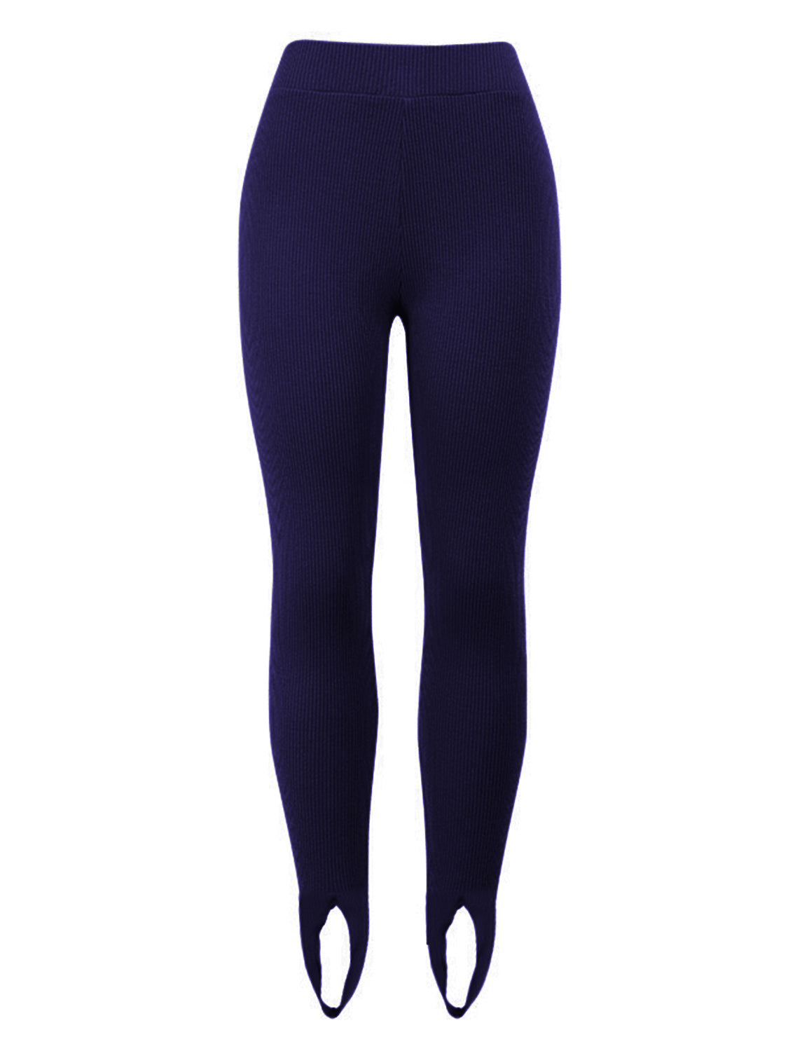Dark Navy ribbed knit stirrup leggings with a high waist and foot straps.