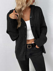 Black button-front hooded knit cardigan with ribbed cuffs and hem