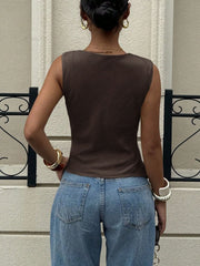 Chocolate asymmetrical cowl neck cami top with a subtle texture.