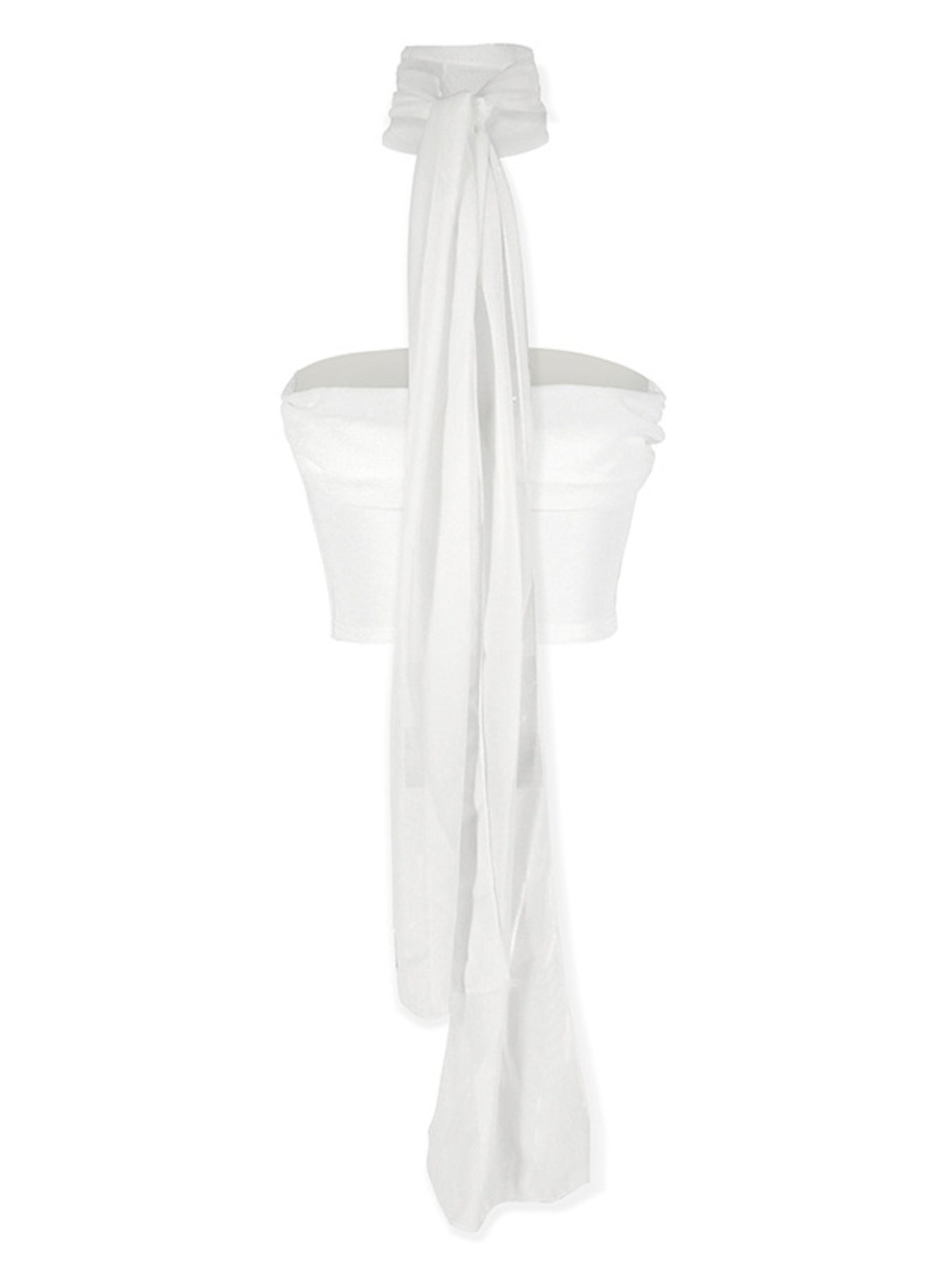 White ruched tube top with a sheer scarf detail and a cropped fit.