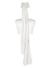 White ruched tube top with a sheer scarf detail and a cropped fit.