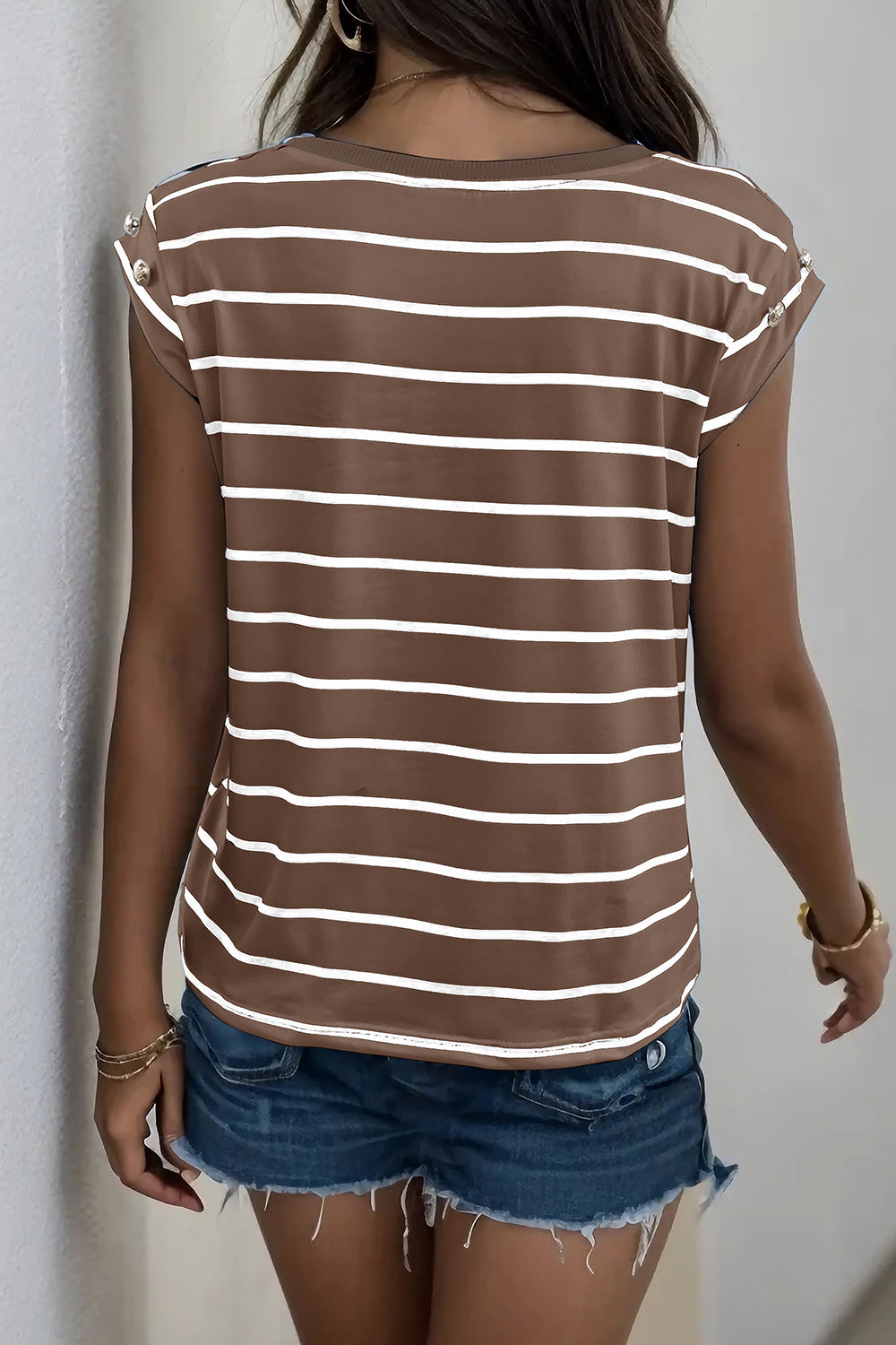 Brown and white striped tee with cap sleeves and button shoulder detail