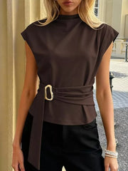 Chic mock neck t-shirt in coffee brown with cap sleeves and a gold buckle belt detail.