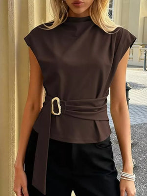 Chic mock neck t-shirt in coffee brown with cap sleeves and a gold buckle belt detail.