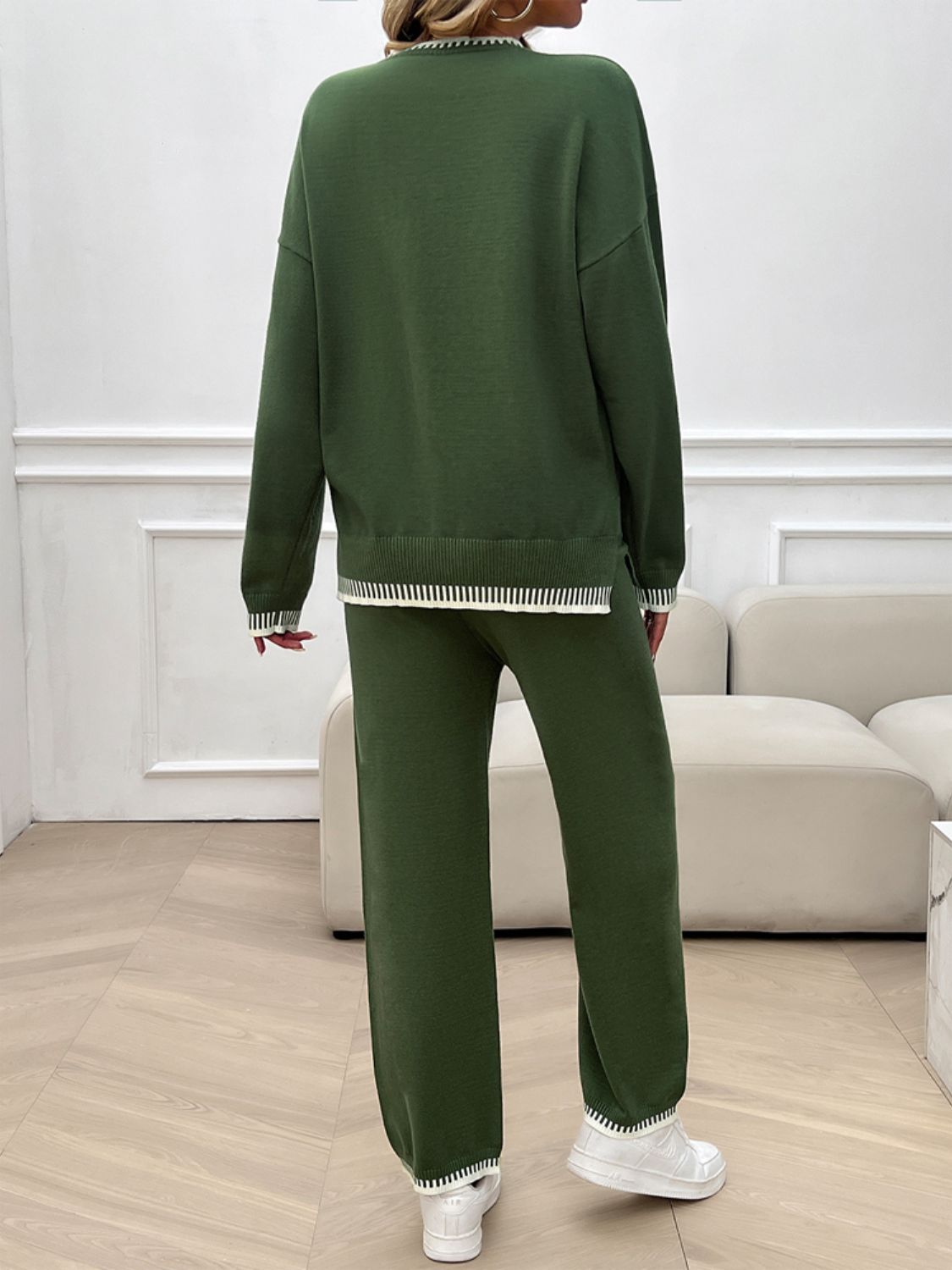 Army green knit lounge set with ribbed trim detail on sweater hem and cuffs.