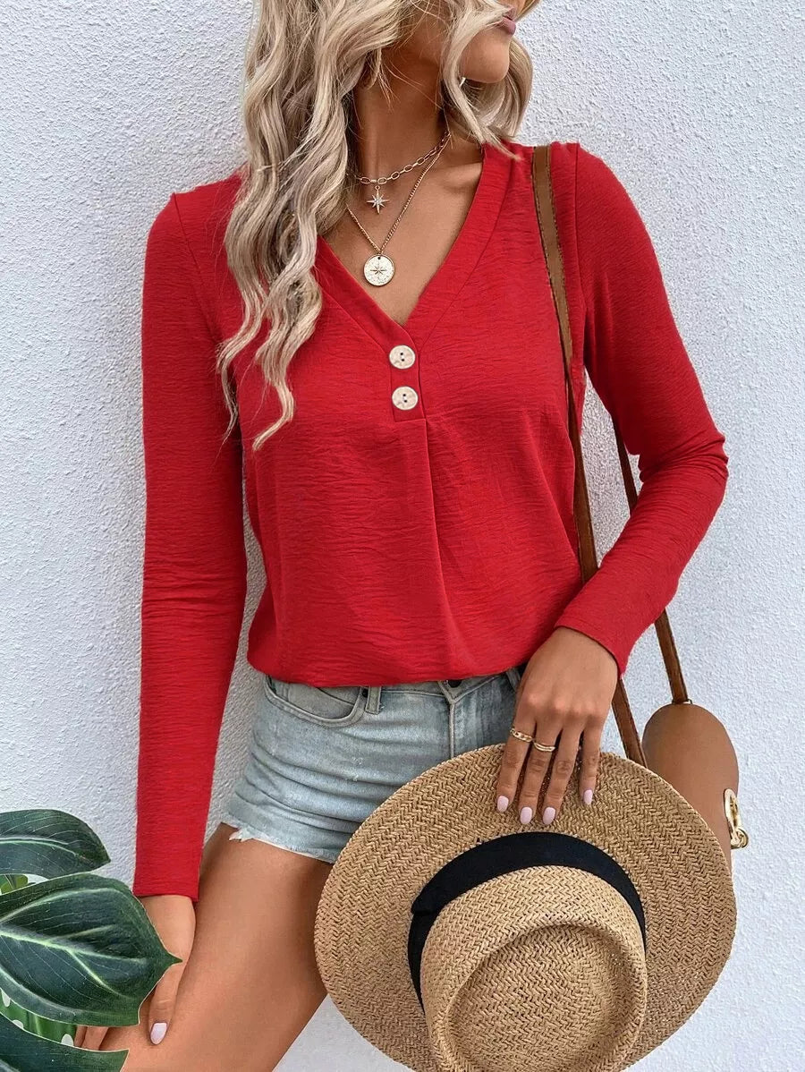 Full Size V-neck Decor Button Long Sleeve T-shirt Plus Size in Red, fit detail