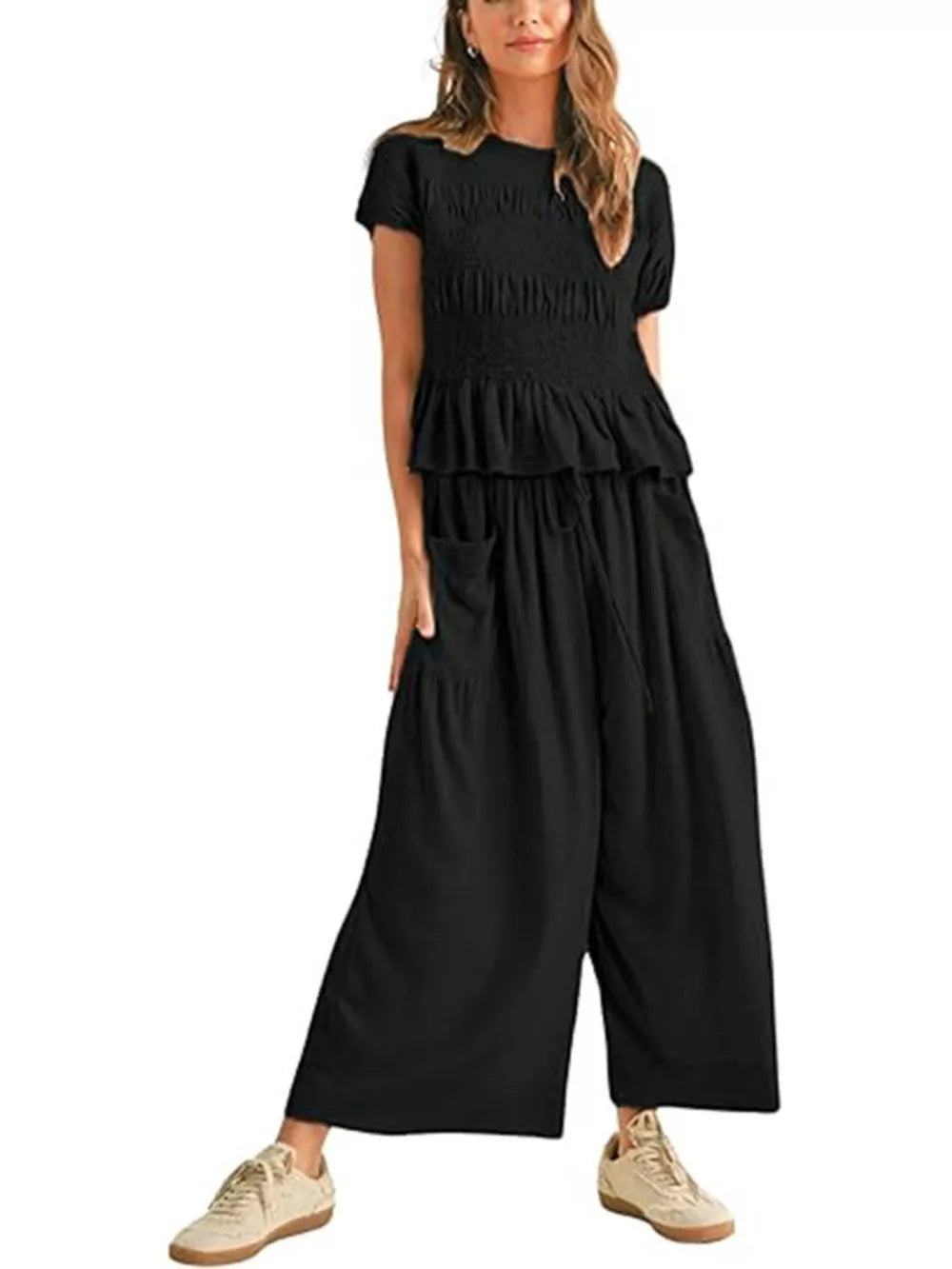 Smocked Peplum Top And Wide-leg Pants Set in Terracotta, editorial view