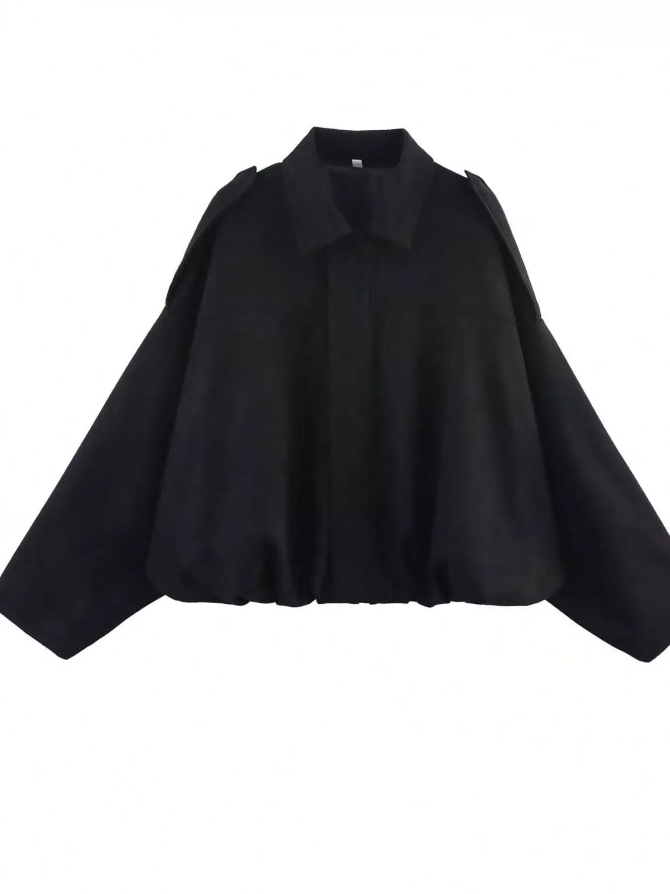 Black oversized zip-up jacket with a collar and shoulder details.