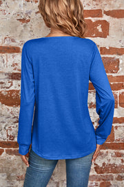 Blue long sleeve top with square neckline and casual fit