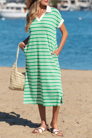 Green and white striped midi dress with collar, V-neck, short sleeves, and pockets.