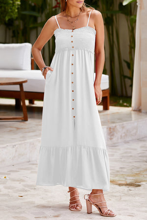 White smocked bodice maxi dress with button detail and tiered hem