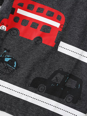 Kids' charcoal cotton t-shirt with red double-decker bus, blue bicycle, and black car graphic.