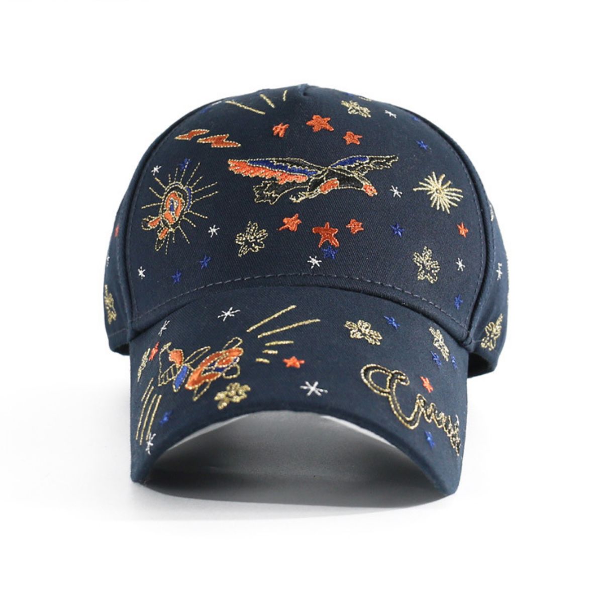 Navy blue cotton baseball cap with intricate embroidered celestial and flying motifs.