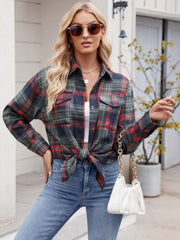 Emerald plaid overshirt with patch pockets, buttoned front, and tie-front detail.