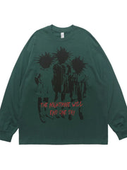 Green cotton oversized long sleeve tee with graphic print and text detail.