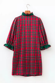 Plaid Ruffle Cuff Button Front Mini Dress in Deep Red, view 11