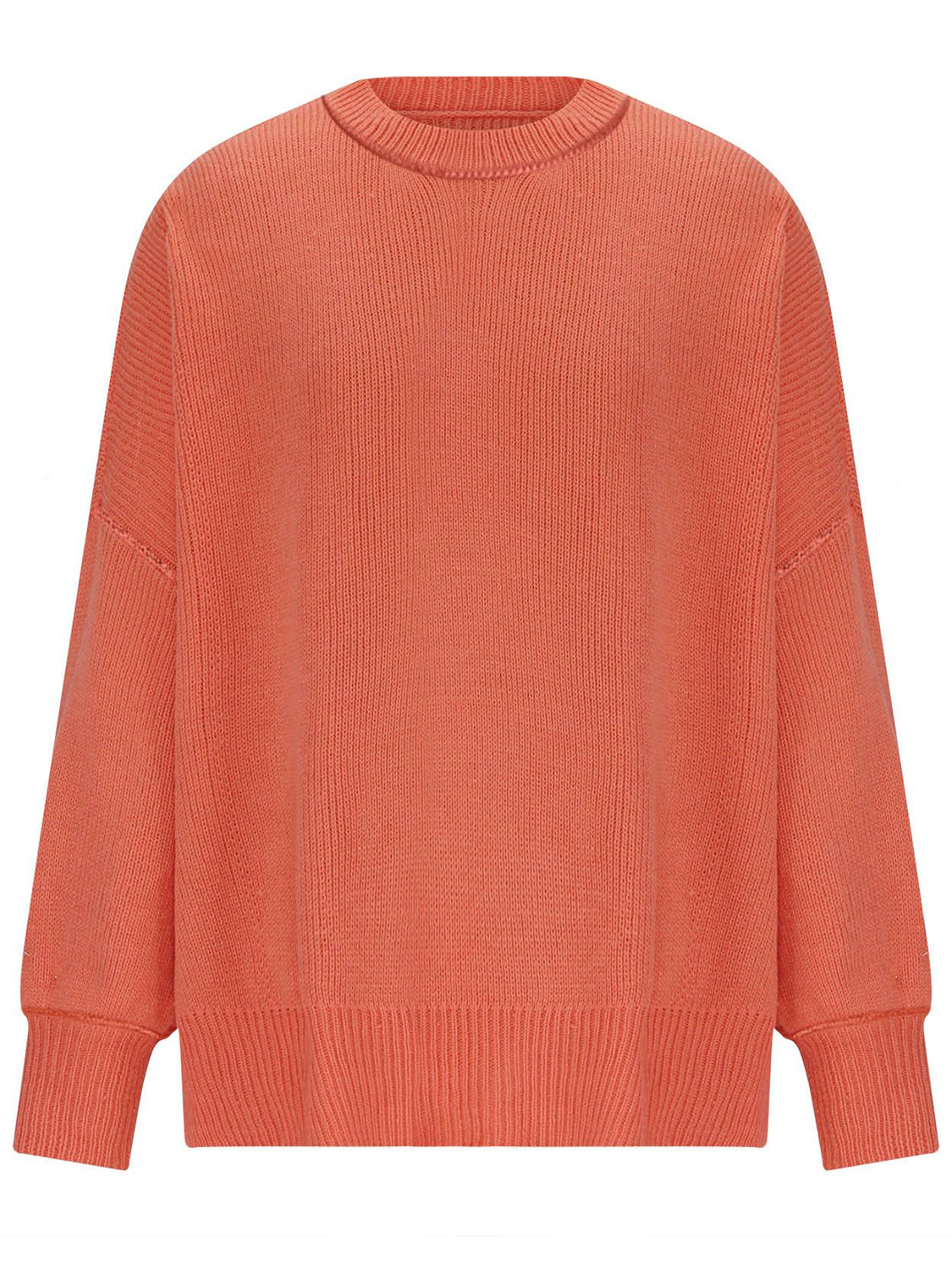 Oversized ribbed knit sweater in orange-red with drop shoulders and crew neck.