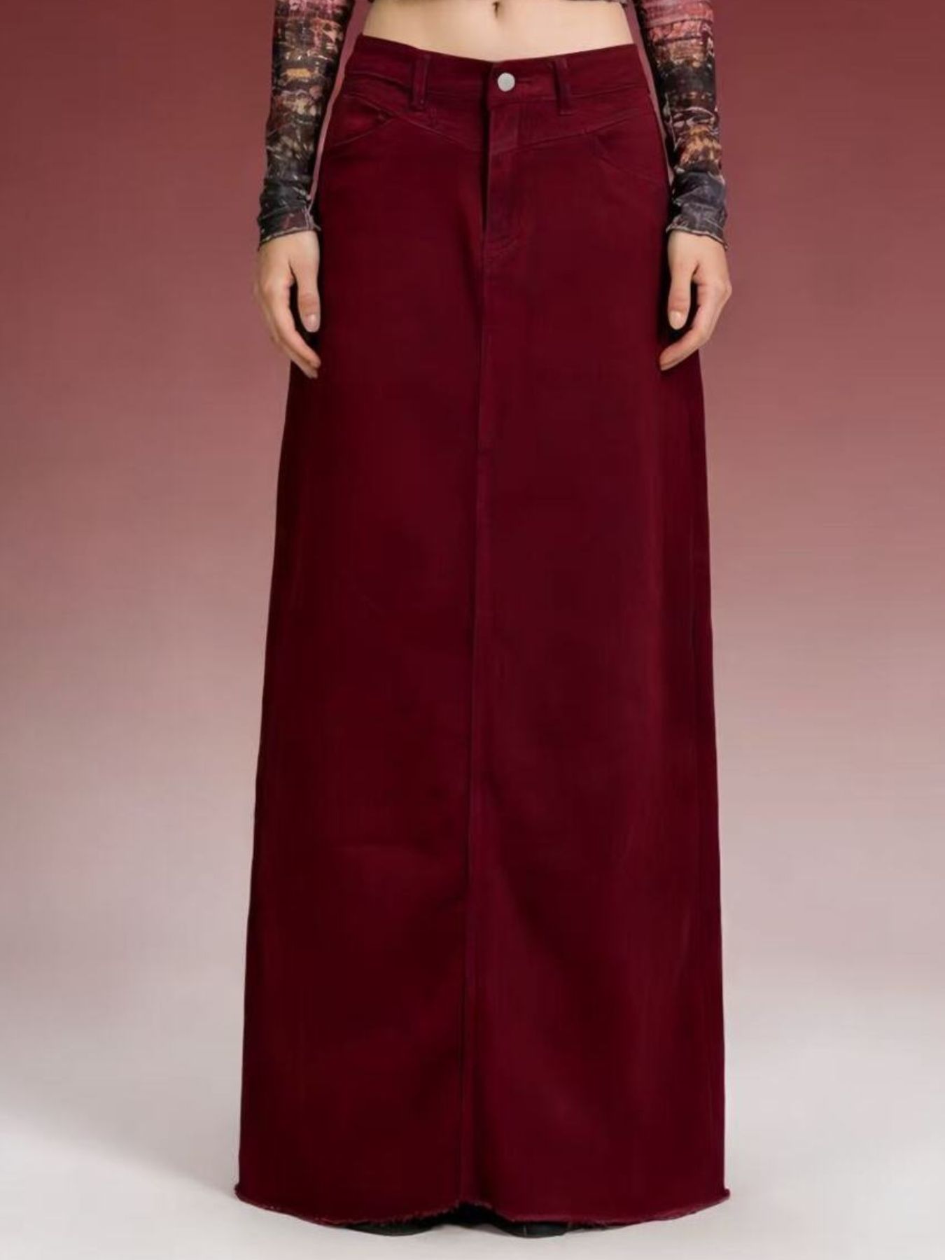 Burgundy cotton denim maxi skirt with raw hem and button closure