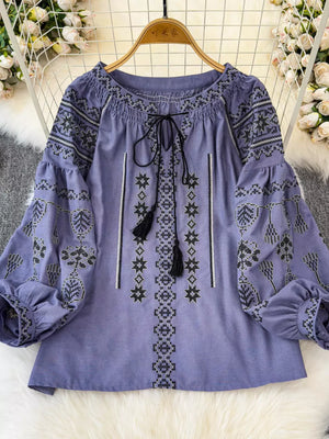 Bohemian Embroidered Blouse With Tassel Tie in White, close-up detail