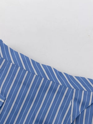 Striped Buttoned Shirt And Mini Skirt Set in Dusty Blue, view 11