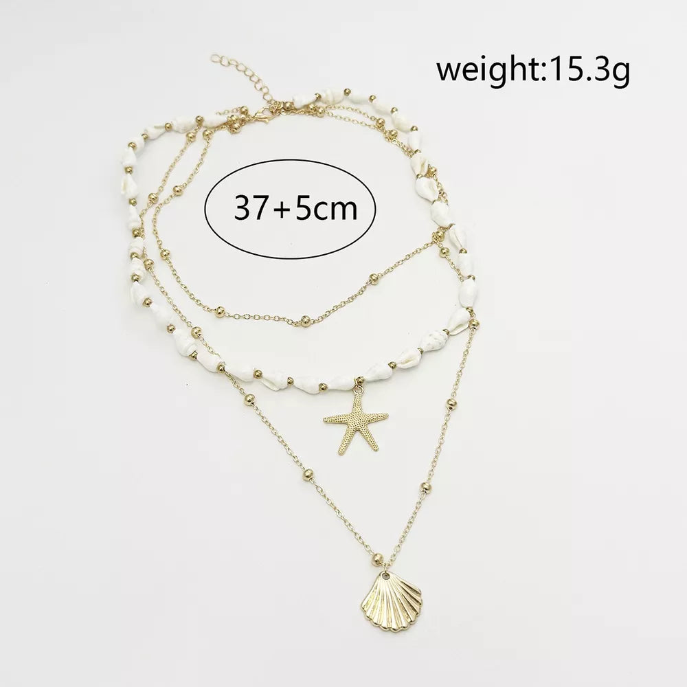 18k Gold-plated Bohemian Seashell Layered Necklace in Gold, fabric detail