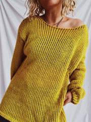 Mustard open-knit slouchy boatneck pullover sweater with a relaxed fit.