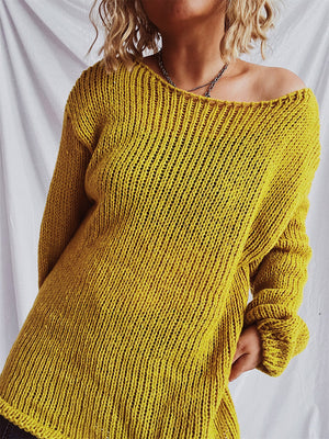 Mustard open-knit slouchy boatneck pullover sweater with a relaxed fit.