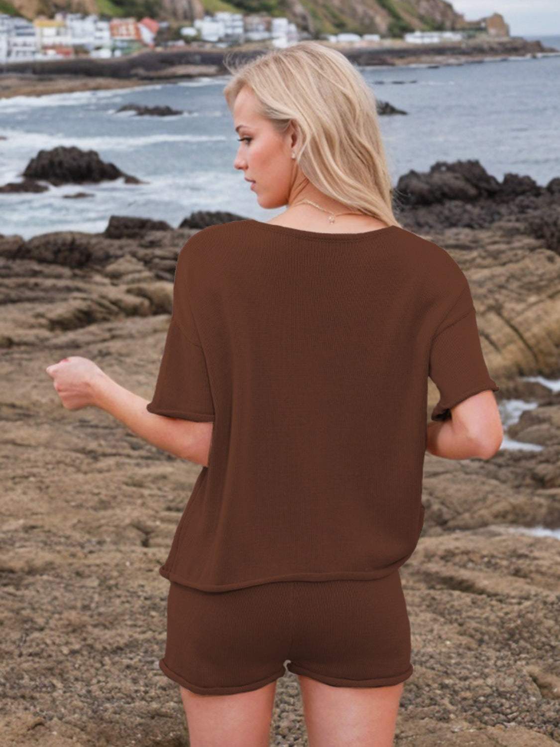 Brown textured knit co-ord set with relaxed fit top and shorts.