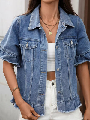 Blue denim trucker jacket with short ruffled sleeves and raw hem detail