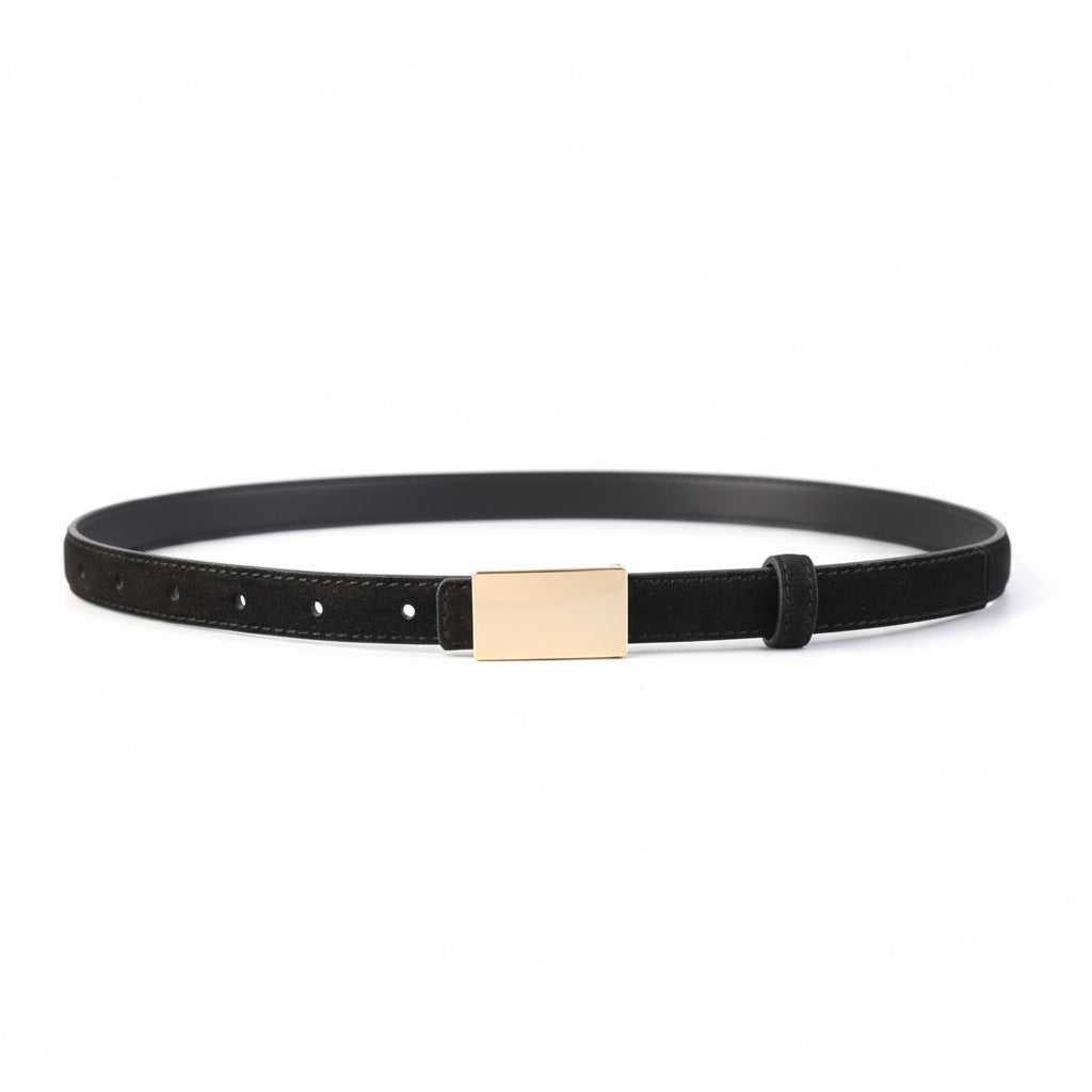 Black cowhide leather belt with gold buckle detail